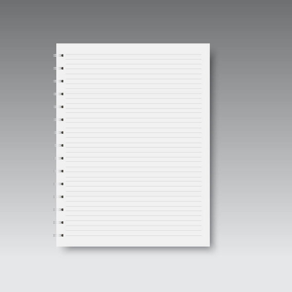 Realistic spiral horizontal lined notebook. Vector.