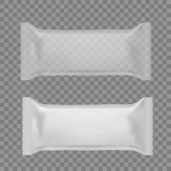 Bolsas realistas de almohadas para aperitivos. Vista frontal y trasera. Prepárate. Vector — Archivo Imágenes Vectoriales