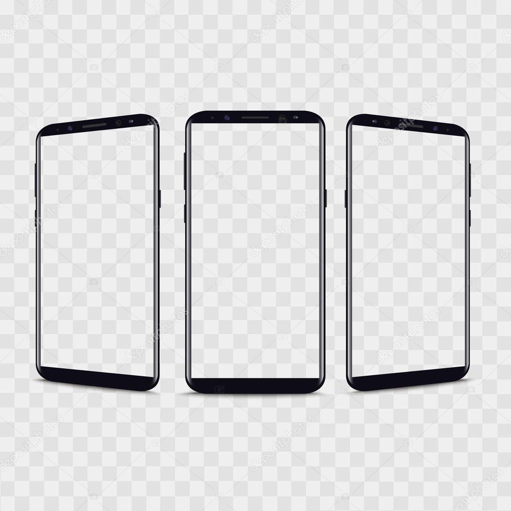 Realistic smartphone from different views with transparent background. Vector.