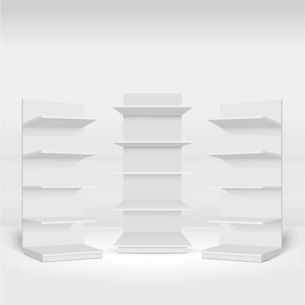 Blank empty showcases display with retail shelves in the room. Vector. — Stock Vector