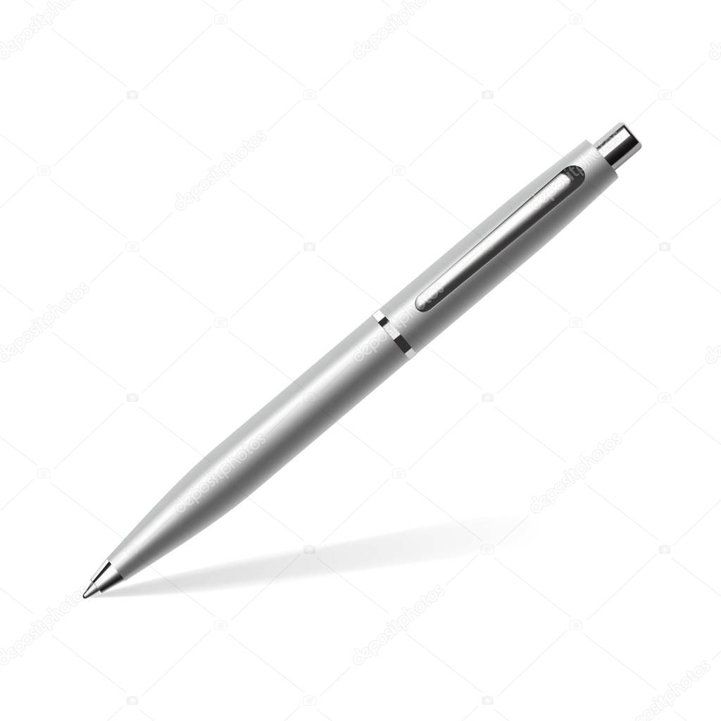 Realistic silver ball pen with soft shadow. Vector