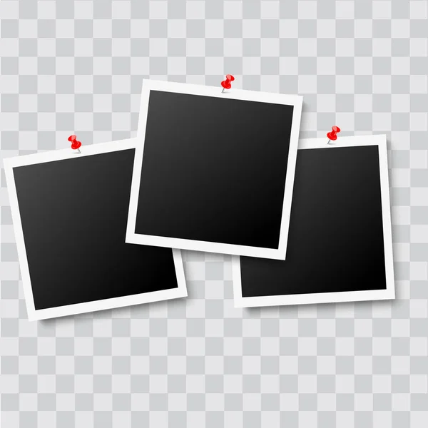 Realistic photo frames with red pins. Vector. — Stock Vector