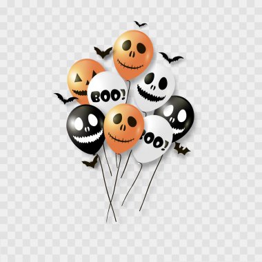 Cadılar Bayramı balonlar ve yarasalar. Siyah turuncu ve beyaz renkler. Vektör.