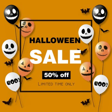 Cadılar Bayramı Satılık kartı ile hava balonları turuncu zemin üzerine. Vektör..