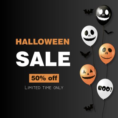 Cadılar Bayramı Satılık kartı ile hava balonları turuncu zemin üzerine. Vektör