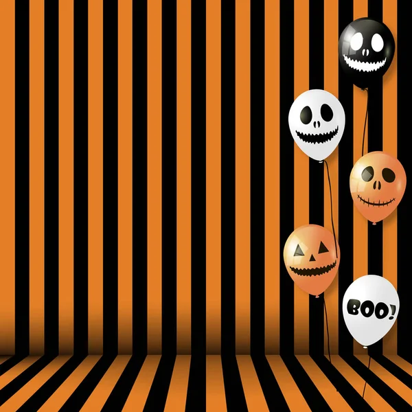 Halloween-Hintergrund mit gestreiften Raum und Luftballons. Vektor. — Stockvektor