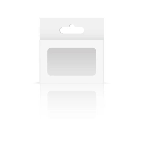 Caja de paquete de producto blanco con ranura colgante y ventana de plástico. Mock Up. Vector — Vector de stock