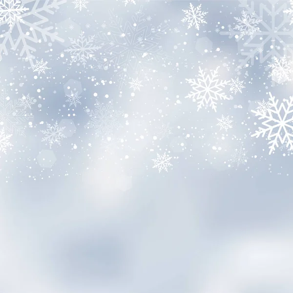 Pádu, zářící sníh nebo sněhové vločky na modrém pozadí pro šťastný nový rok. Vektor. — Stockový vektor