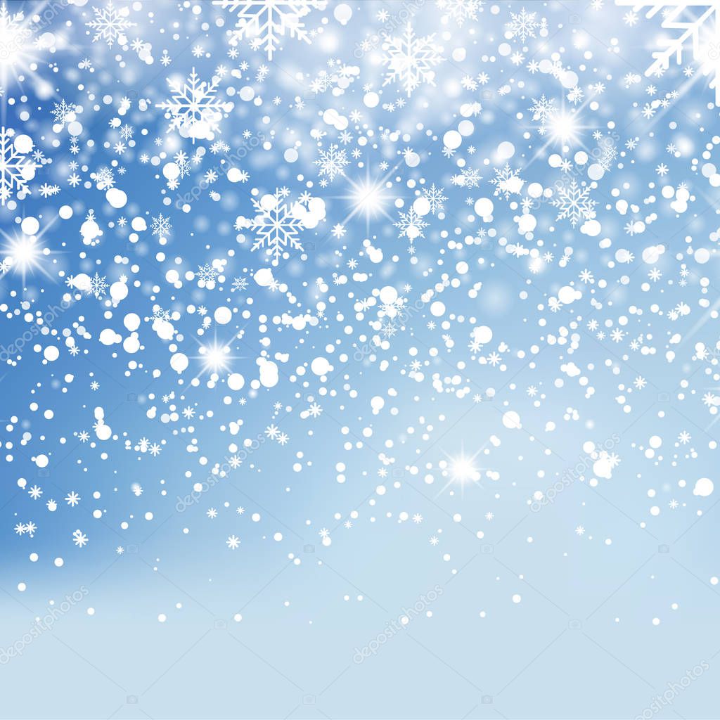 Falling shining snow or snowflakes on blue background for Happy New Year. Vector.