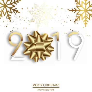 Mutlu yeni yıl ya da altın yay ve metin ile Noel kartı. 2019. vektör