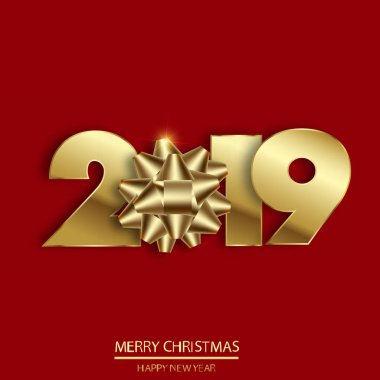Mutlu yeni yıl ya da altın yay ve metin ile Noel kartı. 2019. vektör