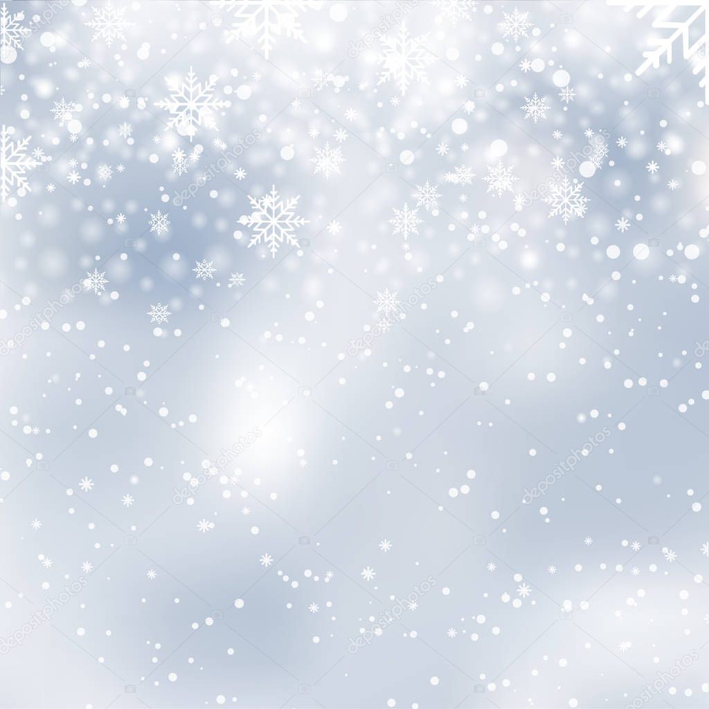 Happy New Year and Christmas greeting card falling snowflakes. Vector