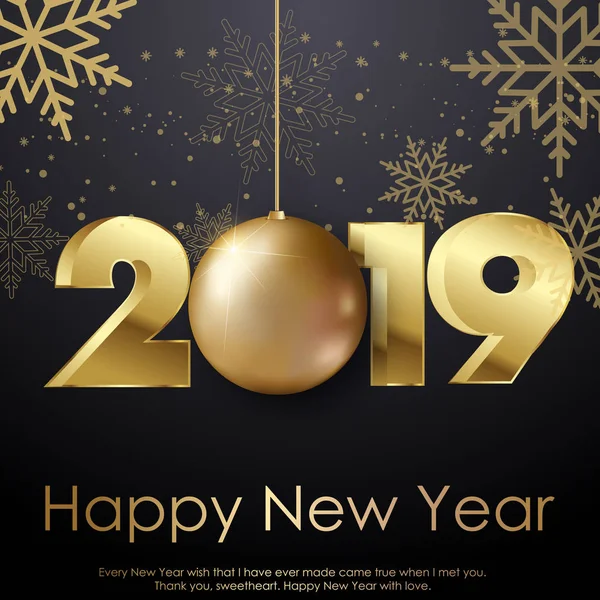 Feliz Ano Novo ou cartão de Natal com bola dourada e flocos de neve. 2019 Vetor — Vetor de Stock