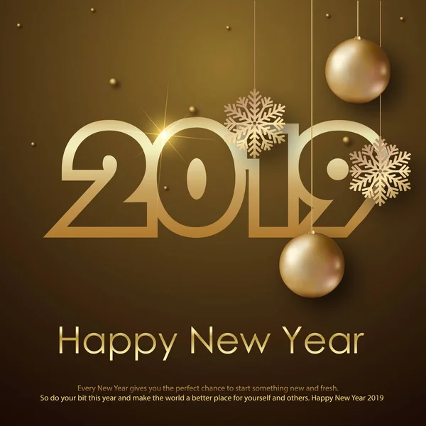Mutlu yeni yıl veya Noel tebrik kartı altın top ve kar taneleri ile. 2019 vektör — Stok Vektör