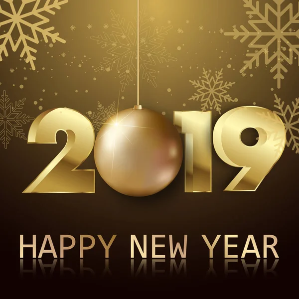 Feliz Ano Novo ou cartão de Natal com bola dourada e flocos de neve. 2019 Vetor — Vetor de Stock