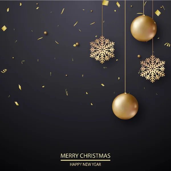 Kerstmis achtergrond met gouden ballen confetti en sneeuwvlokken. Vector — Stockvector