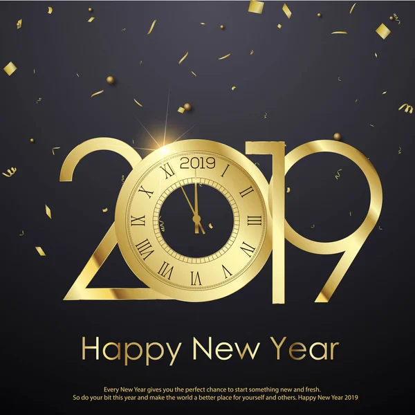 Feliz Ano Novo ou cartão de felicitações de Natal com relógio de ouro e texto 2019. Vetor . — Vetor de Stock