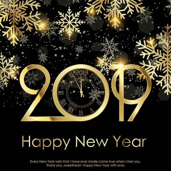 Feliz Navidad y Feliz Año Nuevo Tarjeta de felicitación con copos de nieve de oro. 2019 .Vector — Archivo Imágenes Vectoriales