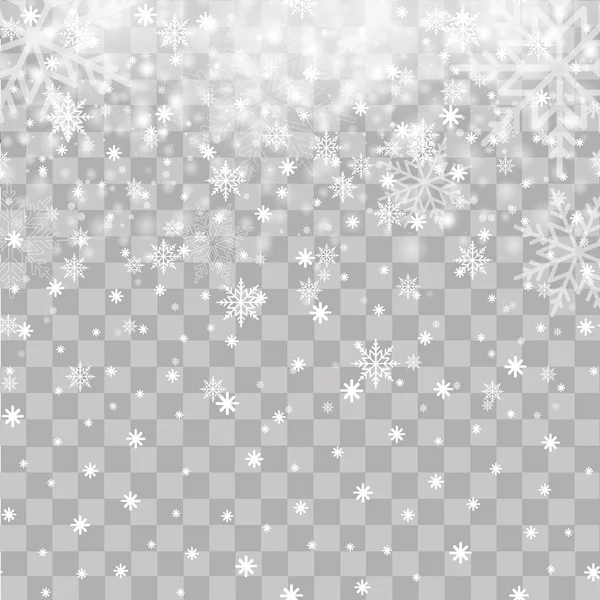 Caída de copos de nieve sobre fondo transparente para Navidad o Año Nuevo. Vector — Archivo Imágenes Vectoriales