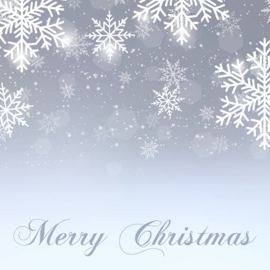 Düşen kar taneleri ile neşeli Noel tebrik kartı. Vektör.