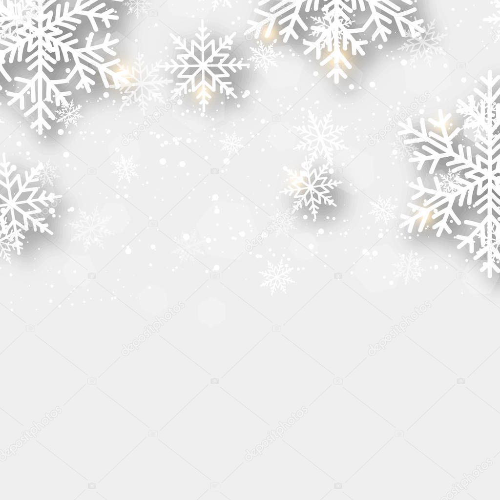Happy New Year or Christmas card with falling snowflakes. Vector.