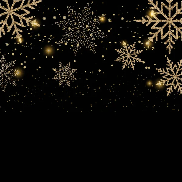 Vrolijke Kerstmis en gelukkig Nieuwjaar kaart met gouden sneeuwvlokken. Vector achtergrond. — Stockvector