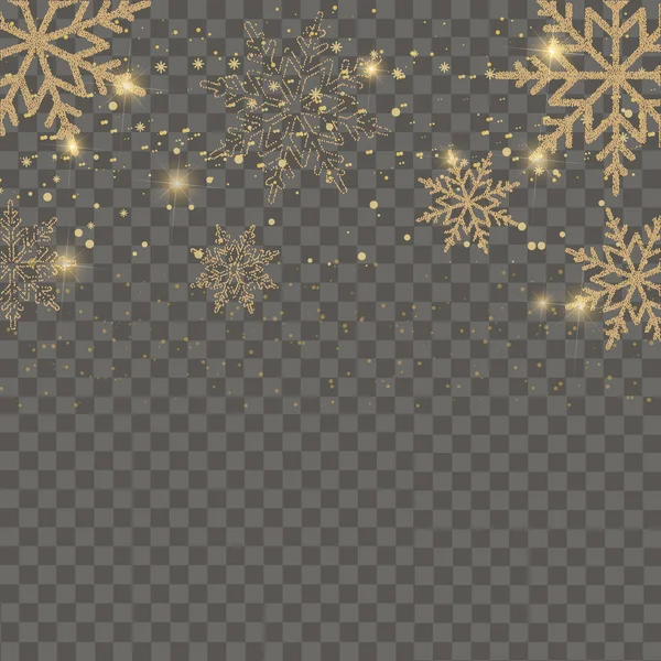 Joyeux Noël et bonne année carte avec des flocons de neige dorés sur fond transparent. Vecteur — Image vectorielle