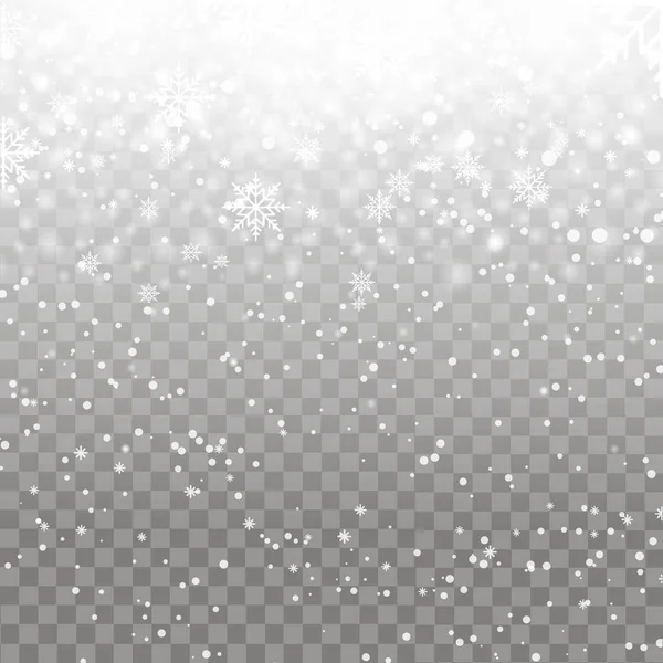 Caída de copos de nieve sobre fondo transparente. Fondo de Navidad para su diseño. Vector — Archivo Imágenes Vectoriales