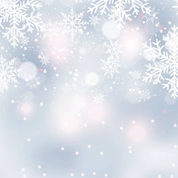 Wazig Kerstmis achtergrond met sneeuwvlokken en blauwe hemel. Vector — Stockvector