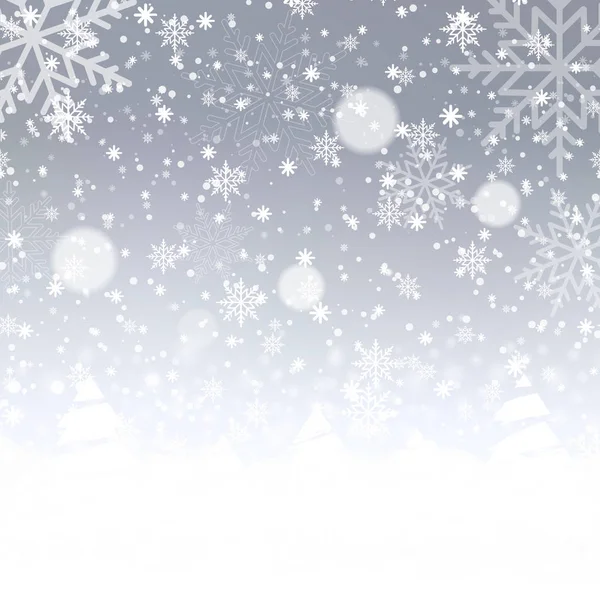 Blurred Natal latar belakang dengan kepingan salju dan langit biru. Vektor - Stok Vektor