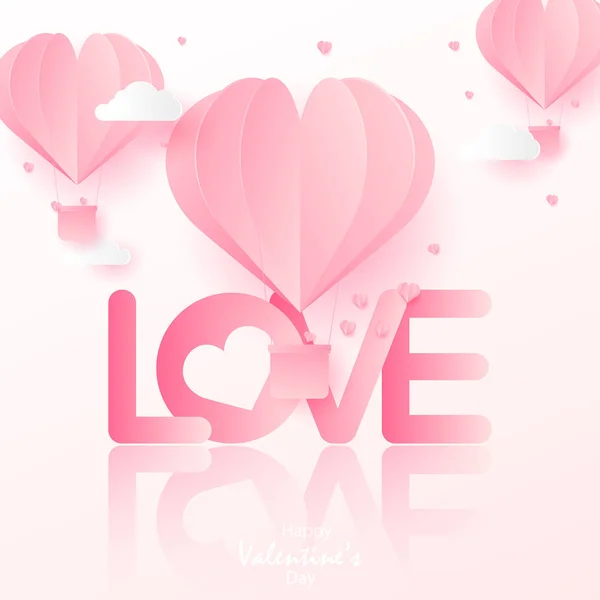 Feliz día de San Valentín tarjeta de felicitación con papel volador cortado corazones de color rosa. Vector — Vector de stock