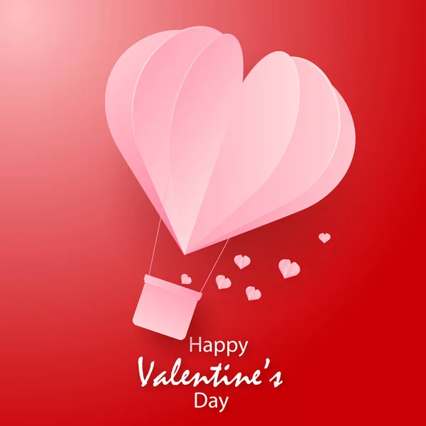 Feliz día de San Valentín tarjeta de felicitaciones con papel cortado corazón rosa globos de aire caliente que vuelan. Vector — Vector de stock