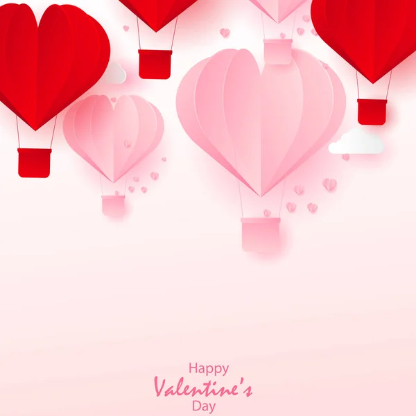 Glad Alla hjärtans dag hälsningar kort med papper skära rosa hjärta Luftballonger flyger. Vektor — Stock vektor