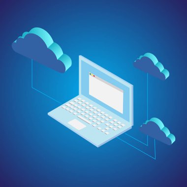 Dizüstü bilgisayar ile bulut depolama konsepti. Vektör çizimi