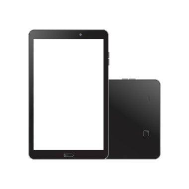 Dijital tablet sahte kadar gerçekçi. Önden ve arkadan görünüm. Vektör