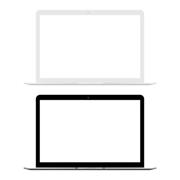 Weißer und schwarzer Laptop mit weißer Bildschirm-Attrappe. Vektor. — Stockvektor