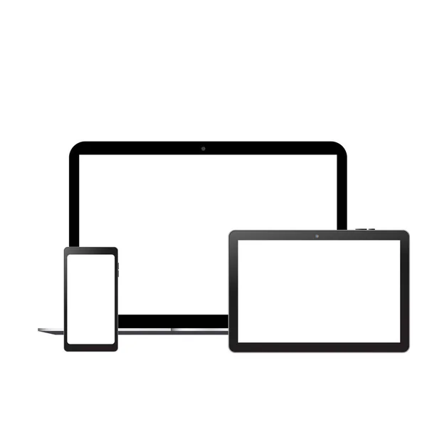 Realistyczne smartfonów laptopa i tabletu makieta z biały ekran. Wektor — Wektor stockowy