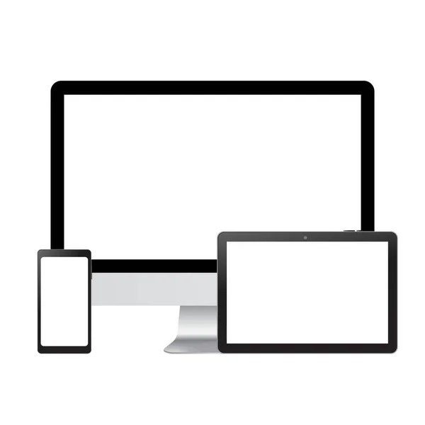 Monitor de TV realista portátil y tableta maqueta con pantalla blanca. Vector . — Archivo Imágenes Vectoriales