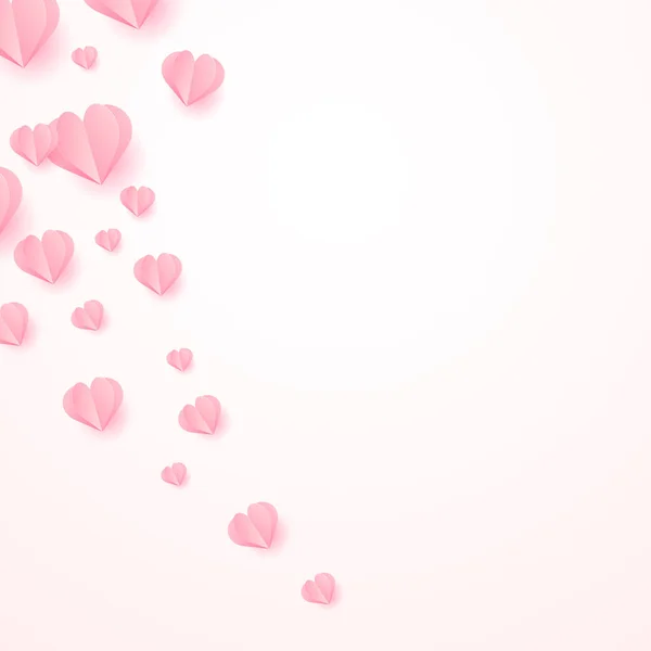 Fondo abstracto con papel cortado corazones rosados volando. Vector . — Vector de stock