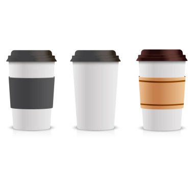 Kağıt kahve fincanı gerçekçi kümesi. 3D kahve fincanı alay koleksiyonu. Vektör şablonu
