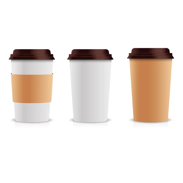 Conjunto realista de copos de café de papel. Coleção 3d xícara de café Mock up. Modelo de vetor — Vetor de Stock