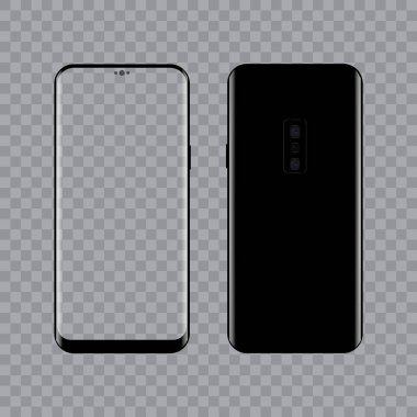 Gerçekçi modern akıllı telefon ön ve arka görünümü. Vektör. Şeffaf ekran