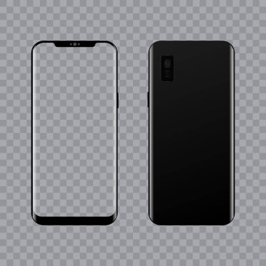 Gerçekçi modern akıllı telefon ön ve arka görünümü. Vektör. Şeffaf ekran
