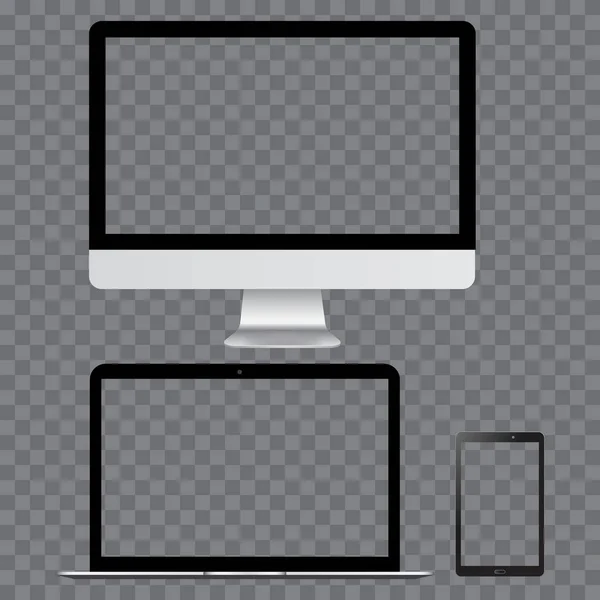 Monitor de TV realista smartphone y portátil maqueta con pantalla transparente. Vector . — Archivo Imágenes Vectoriales