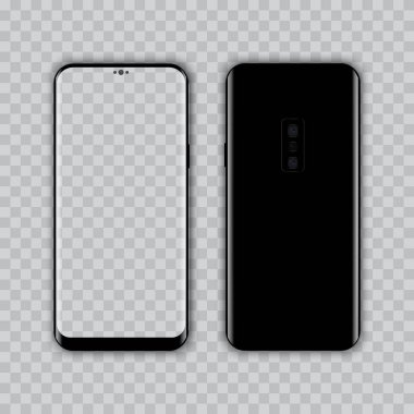 Gerçekçi modern akıllı telefon ön ve arka görünümü. Vektör. Şeffaf ekran