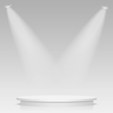 Yuvarlak Sahne Podyum ışık ile aydınlatılmış. Sahne vektör zemin. Ödül töreni kırmızı halı ile şenlikli podyum sahne. Vektör çizim