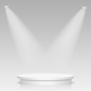 Yuvarlak Sahne Podyum ışık ile aydınlatılmış. Sahne vektör zemin. Ödül töreni kırmızı halı ile şenlikli podyum sahne. Vektör çizim