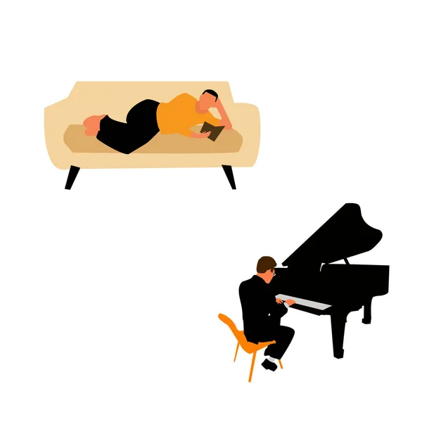 Hombre leyendo libro en el sofá. Tocando piano. Vector . — Vector de stock