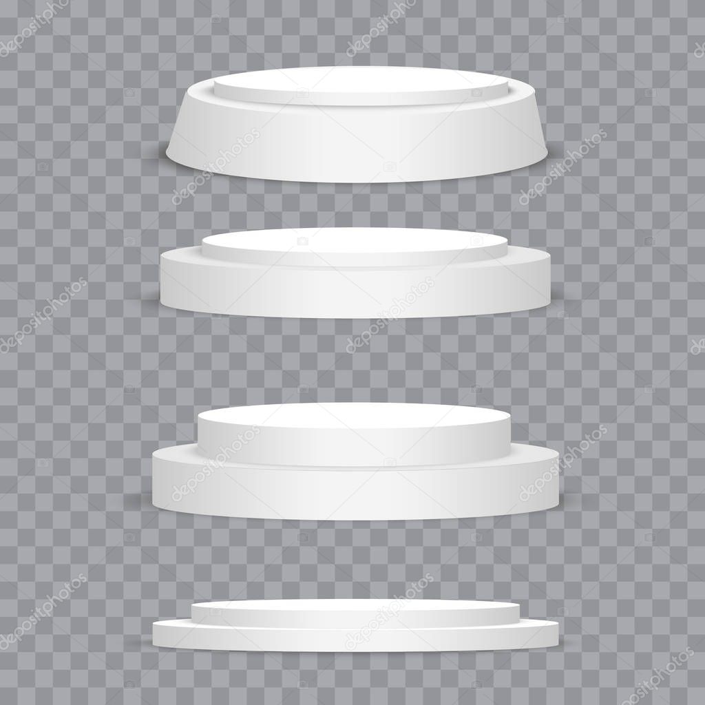 White podiums. Round 3d empty podium with steps. Vector mockup.