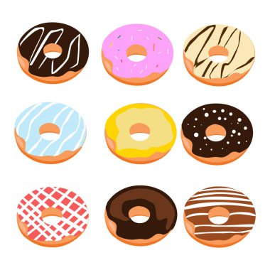 Beyaz izole lezzetli donuts kümesi. Vektör .